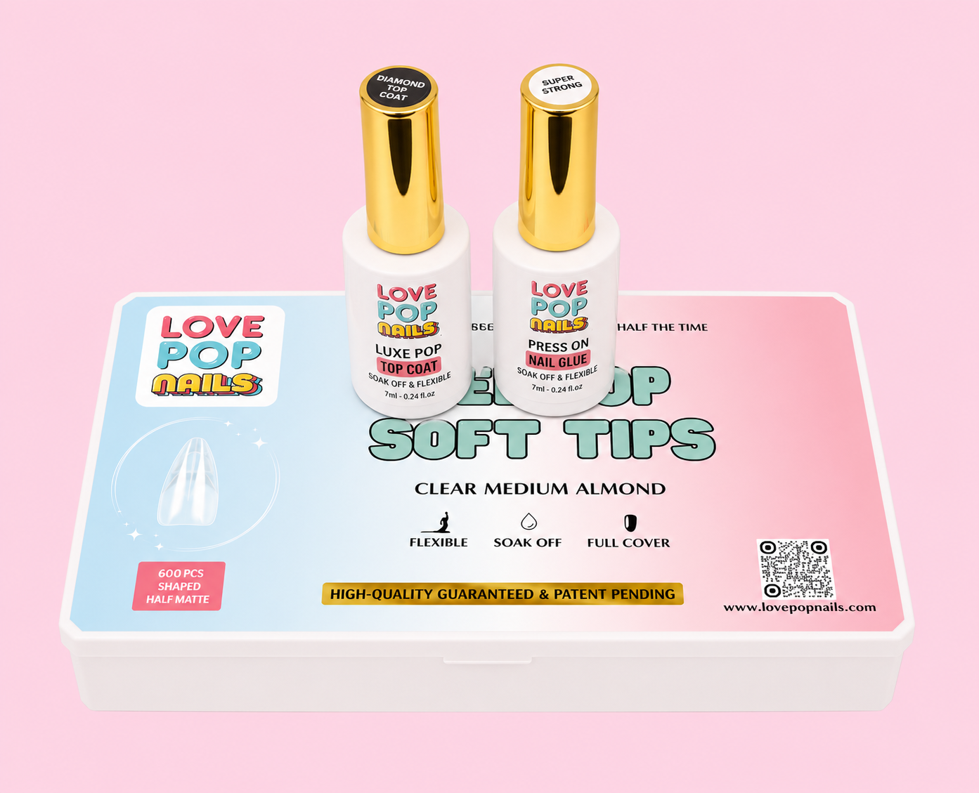 Soft Tips Medium Almond/Luxe Pop Top coat / Soft Gel Glue Bundle